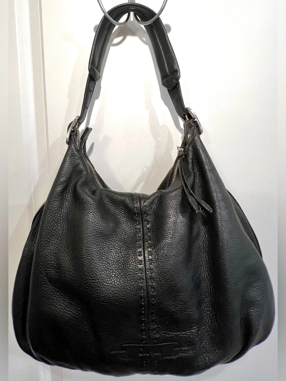 ✨COLE HAAN Y2K Large Black Leather Hobo Slouchy Shoulder Bag Buckles Pockets Zip